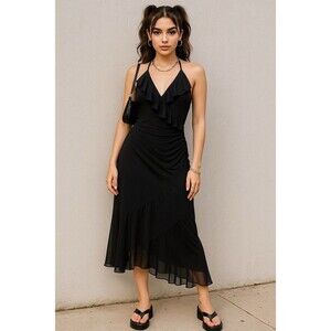 Co-Me Como Black Ruffle Midi Dress Halter Asymmetrical Y2K Style Women’s Large